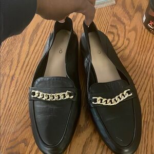 Black Leather Loafers with Gold Chain